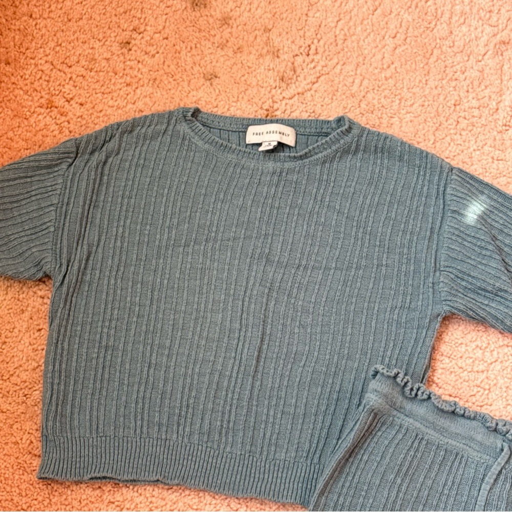 Free Assembly Ribbed Knit Lounge Set Blue Green Teal Size M 7/8 Girls Top Short - Picture 7 of 9